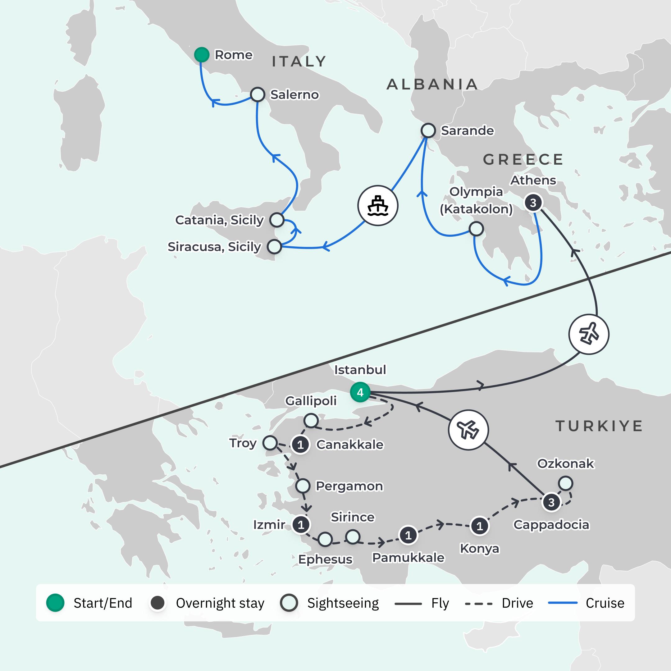 Limited Time Offer: 12-Day Turkiye Tour + 7-Night Azamara Mediterranean Cruise with 3-Night Grand Hyatt Athens Stay route map
