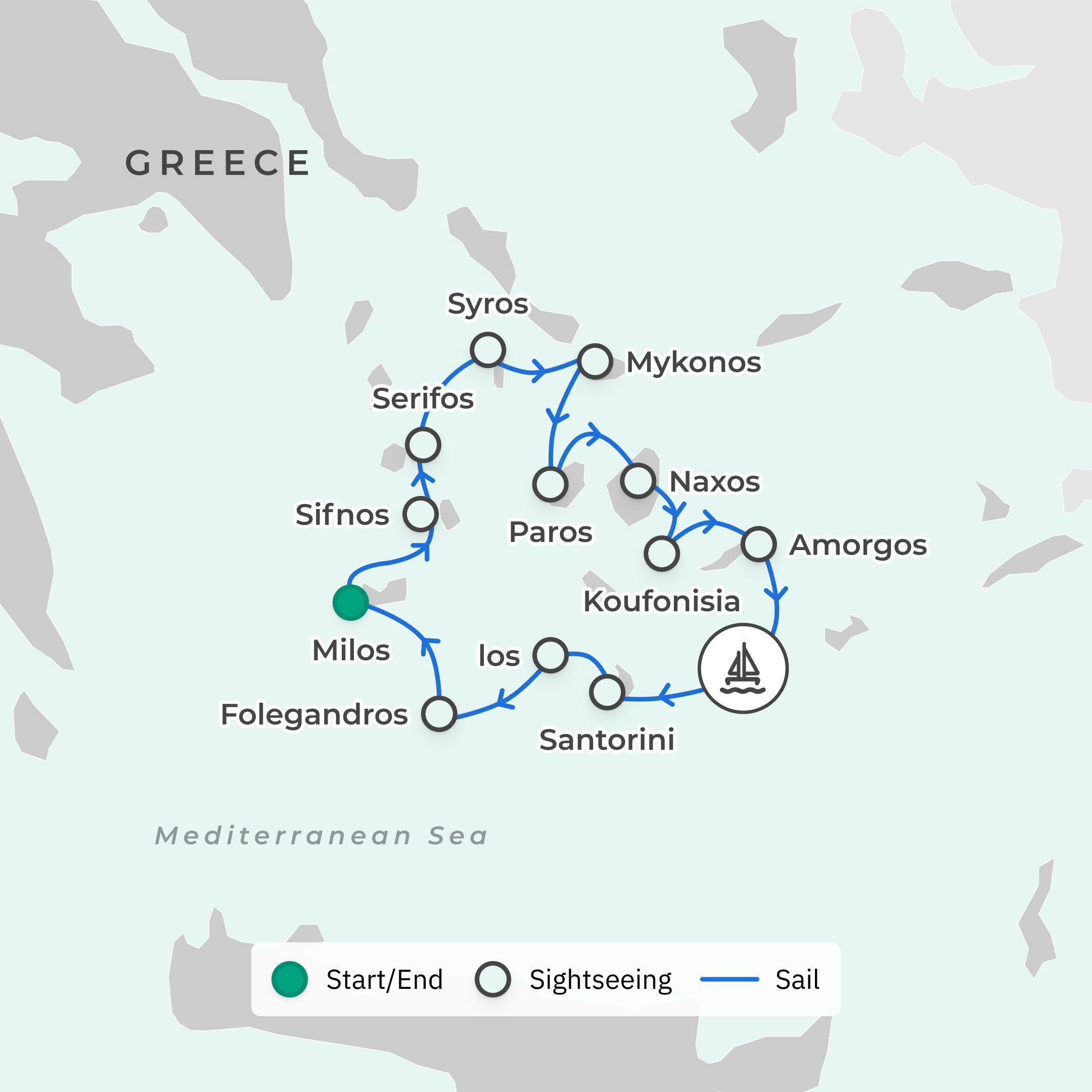 Greece 15 -Day Luxury Catamaran Cyclades Odyssey 2026 with Santorini, Milos & Complimentary Drinks Onboard route map