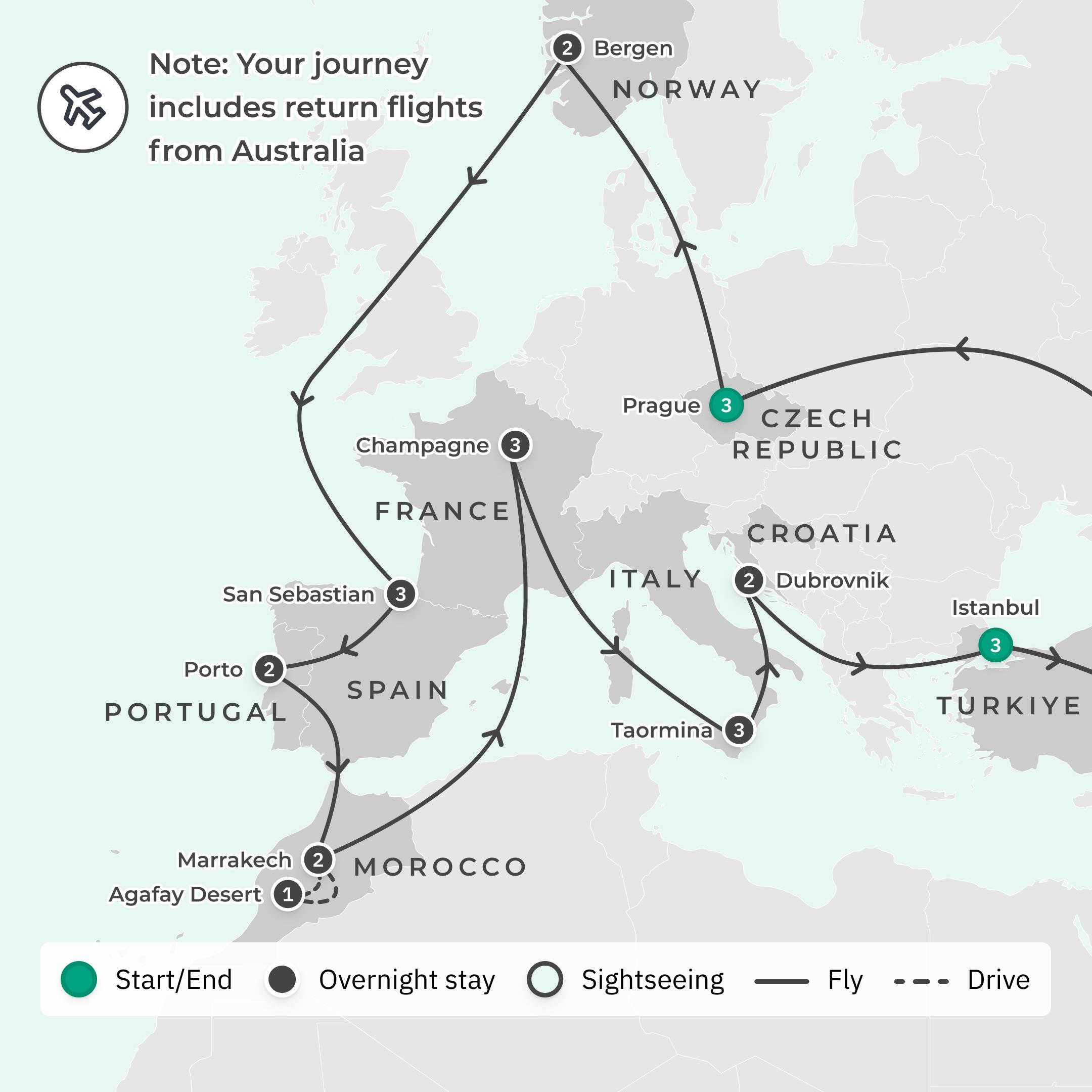 Limited Time Offer: 25-Day Europe by Private Charter Flight with 9 Bucket-List Countries & Return Emirates Flights route map