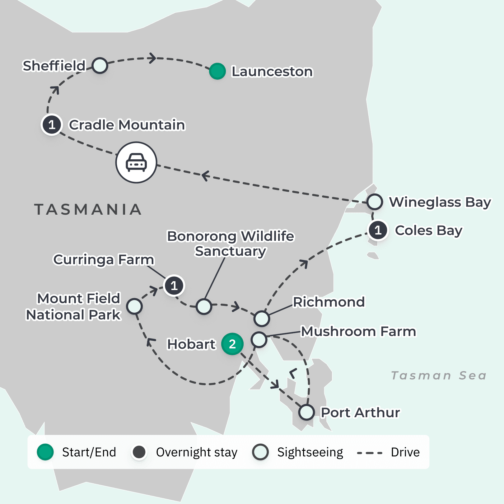 Classic Tasmania with Cradle Mountain Tasting Trail & Bonorong Wildlife Sanctuary route map