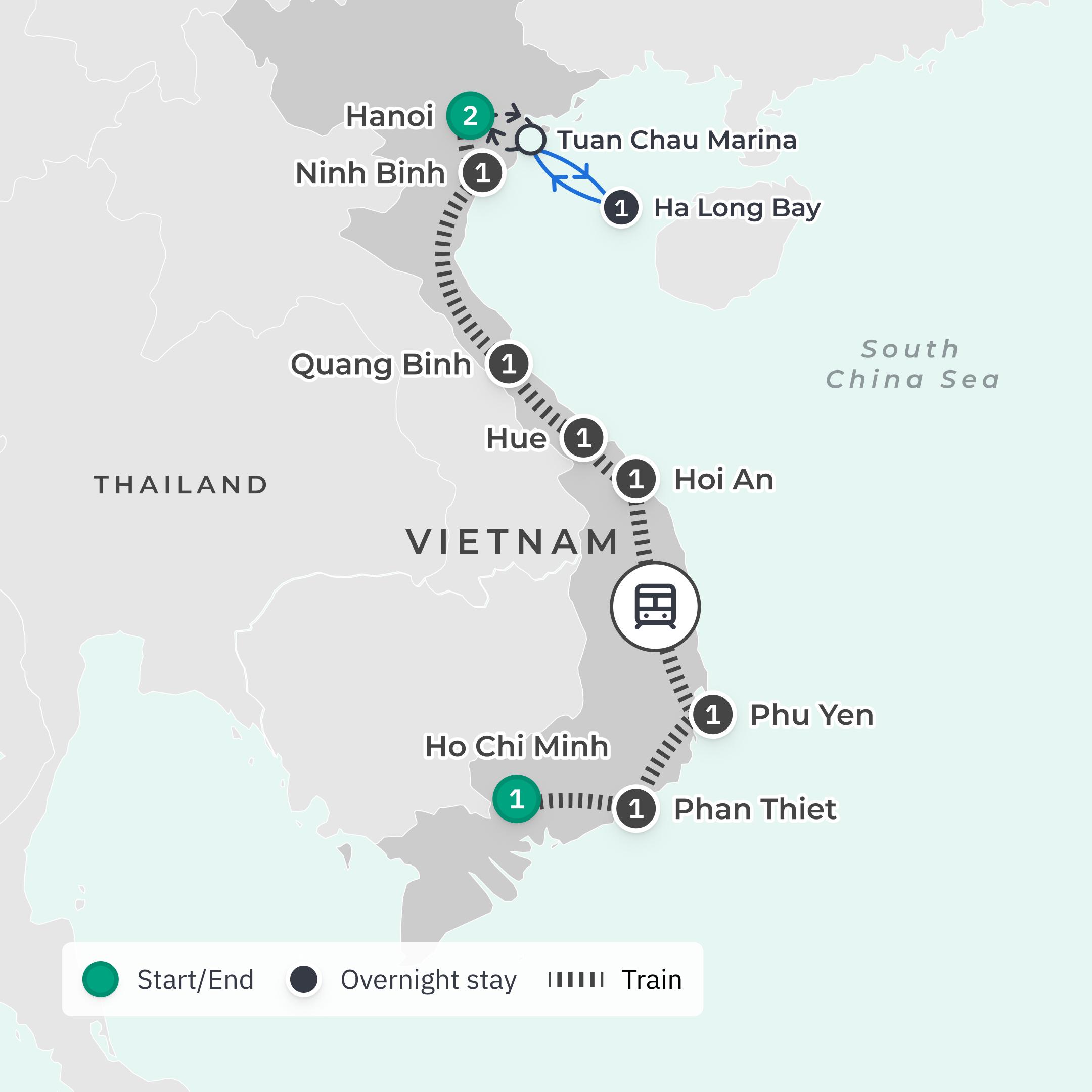 Ultra Lux 12 Day Best of Vietnam by Luxury Train with Lyra Grandeur Ha Long Bay Cruise route map