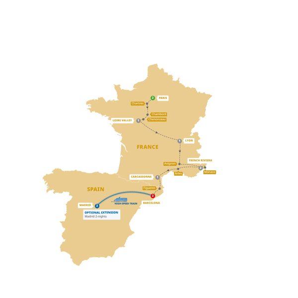 Highlights of France and Barcelona route map