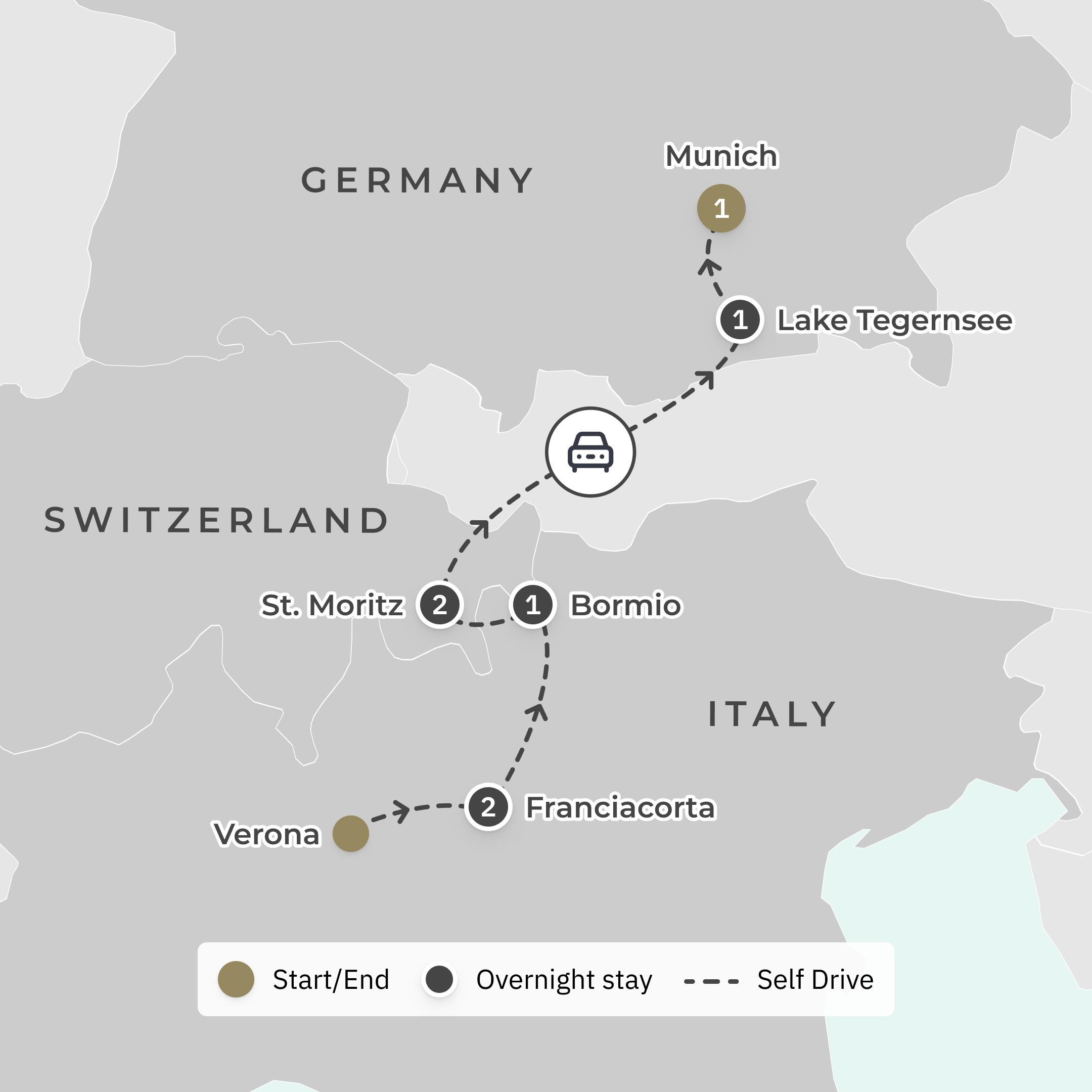 8-Day Ultimate Luxury Alpine Europe Supercar Driving Tour 2026 route map