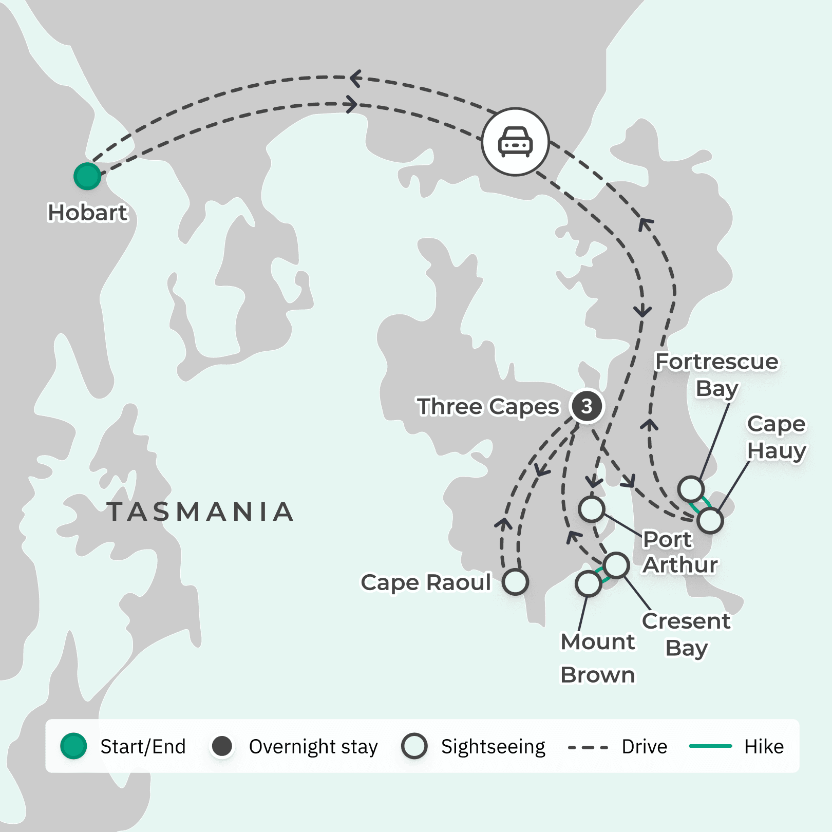 Tasman Peninsula Three Capes Walking Tour with Fortescue Bay & Wilderness Cruise route map