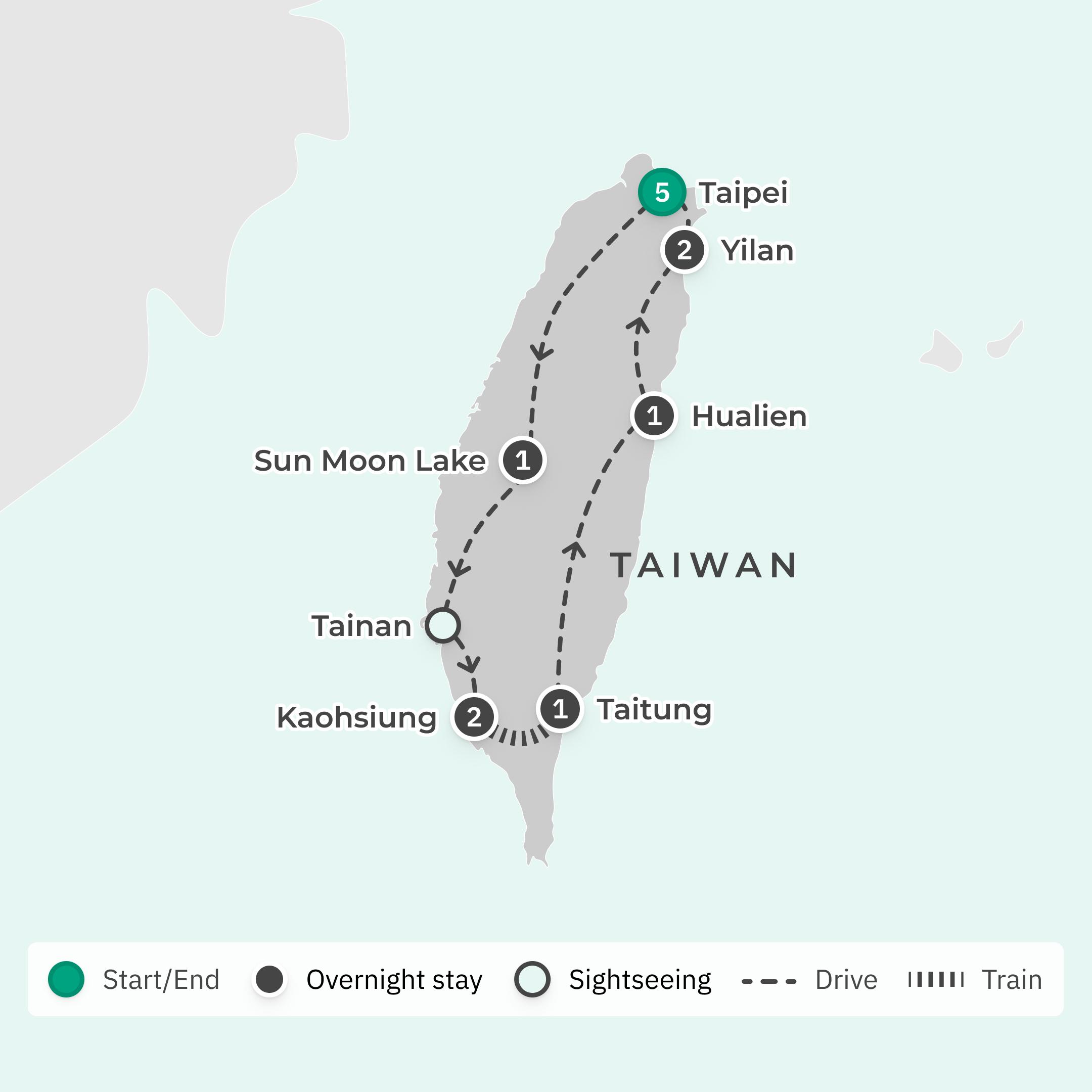 Premium 13-Day Best of Taiwan Tour 2027 with Taipei, Breezy Blue Train & Yilan City route map