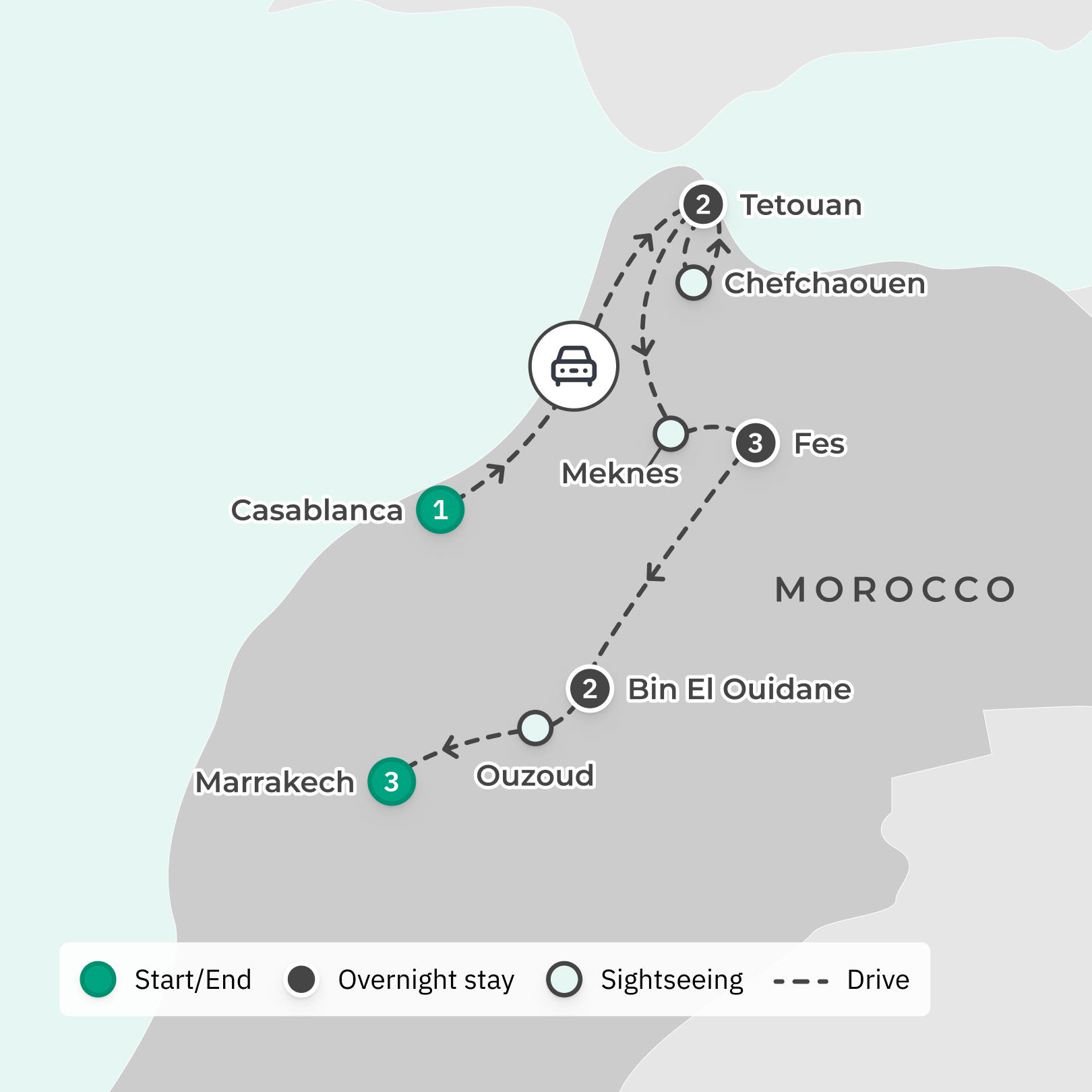 Premium 12-Day Flavours of Morocco Tour with Tetouan, Fes & Chefchaouen route map