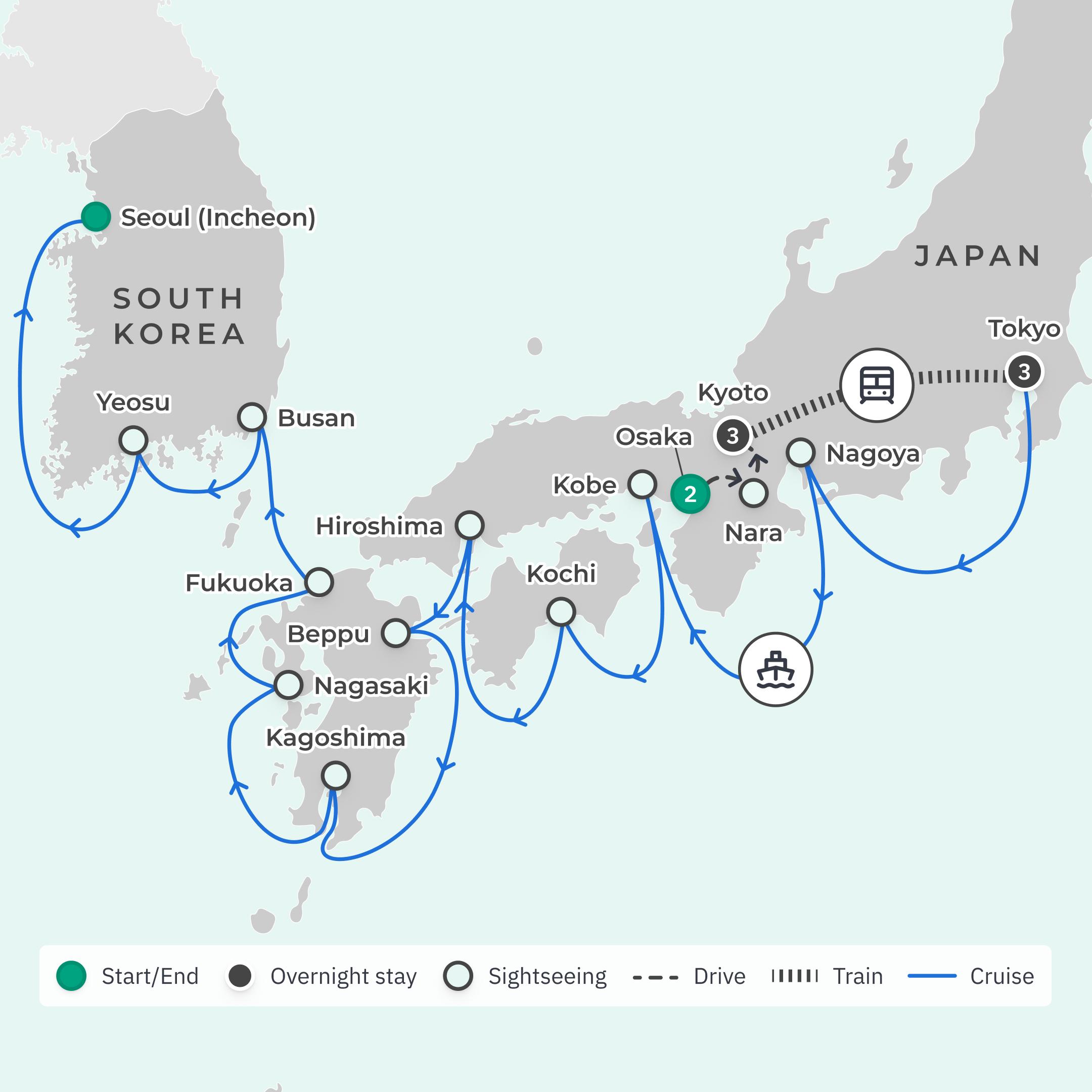 Limited Time Offer: 24-Day Japan Highlights Tour with Azamara Cruise from Tokyo to South Korea route map