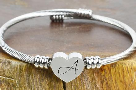 Stainless Steel Heart Cable Initial Bracelet