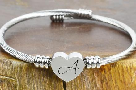 Stainless Steel Heart Cable Initial Bracelet