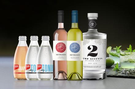 Dry Gin, Mixers and Bottles of Wine Combo Pack