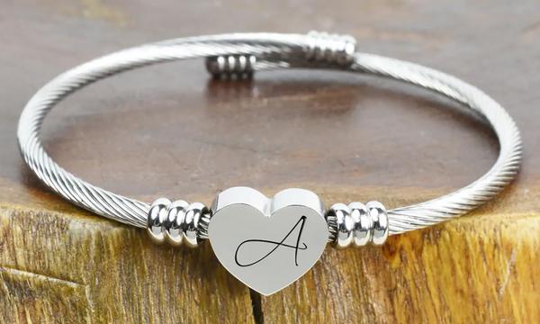 Stainless Steel Heart Cable Initial Bracelet