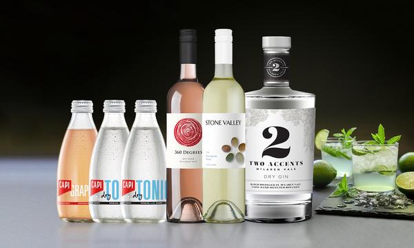Dry Gin, Mixers and Bottles of Wine Combo Pack