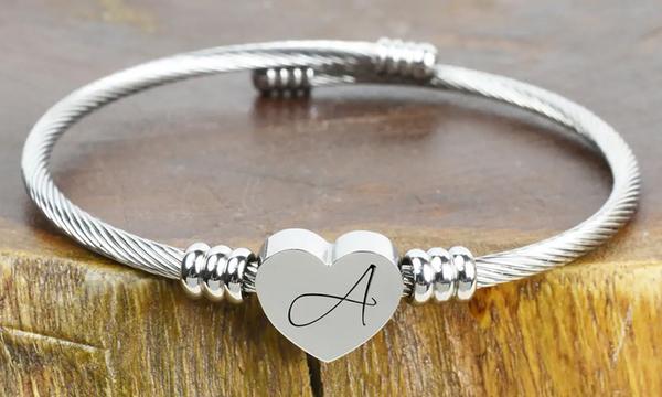Stainless Steel Heart Cable Initial Bracelet