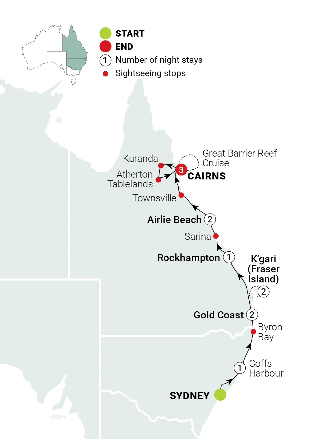 East Coast Islands & Rainforests route map