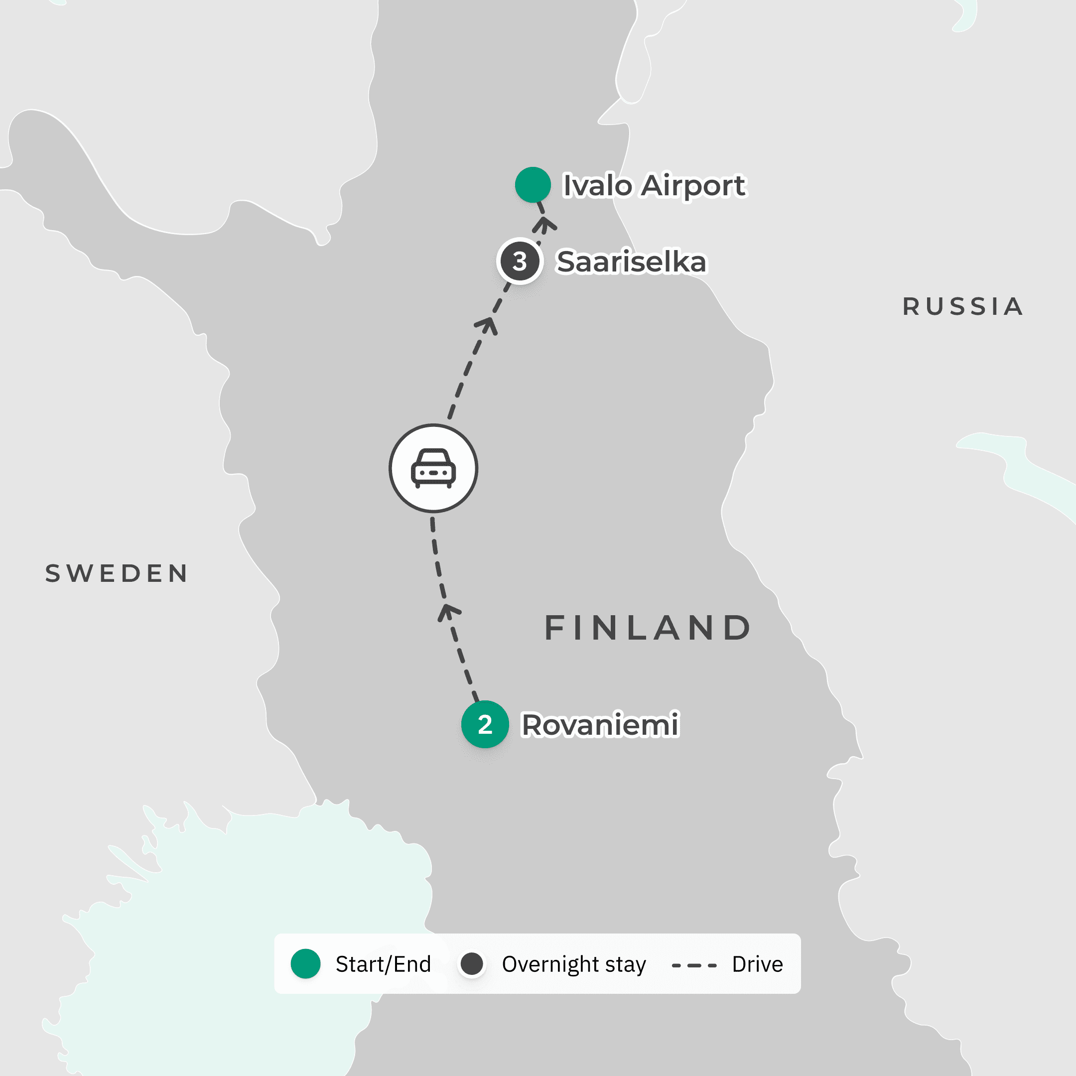 Premium luxe 6-Day Private Finland Aurora Winter Adventure with Rovaniemi & Saariselka route map