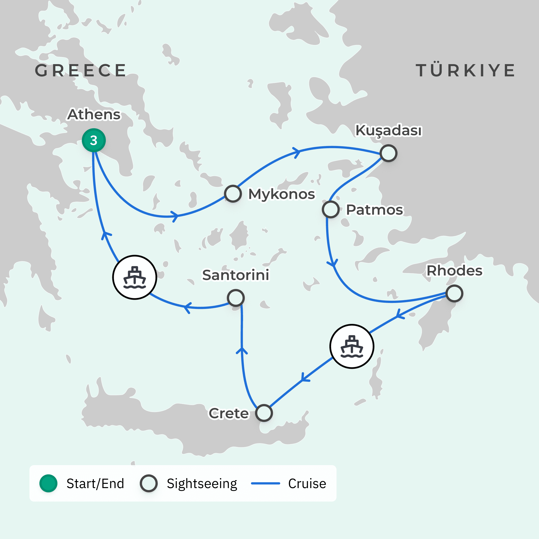 Greece Small-Group Island Hopping Voyage with All-Inclusive Aegean Cruise, Rhodes Excursion & Guided Athens Tour route map