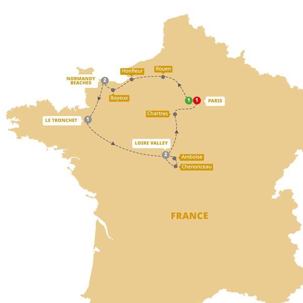 Treasures of France including Normandy route map