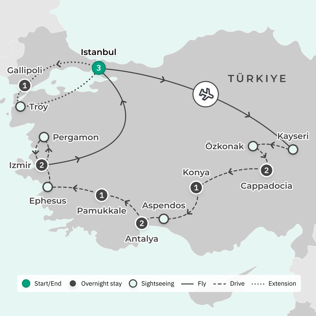 Turkiye Small-Group Tour with Luxury Stays, UNESCO World Heritage Sites & Guided City Tours route map