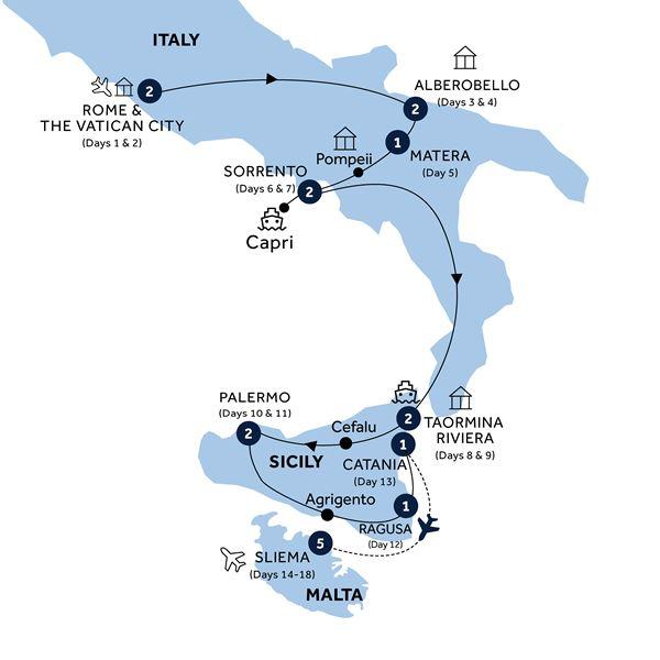 Southern Italy, Sicily & Malta - Small Group route map