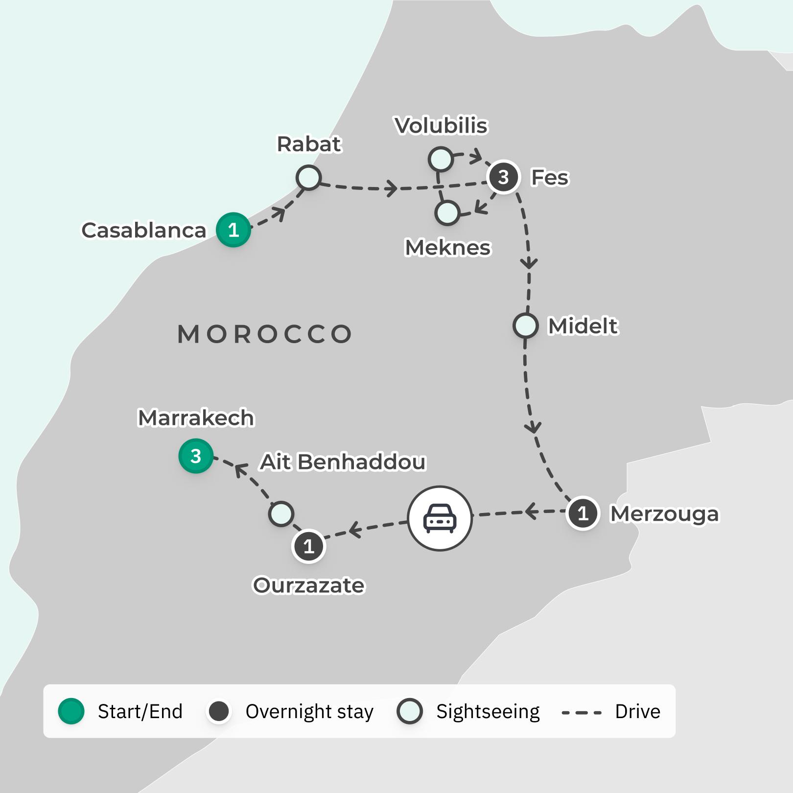 Morocco Highlights with Sahara Desert Glamping & Meknes Wine Tasting route map