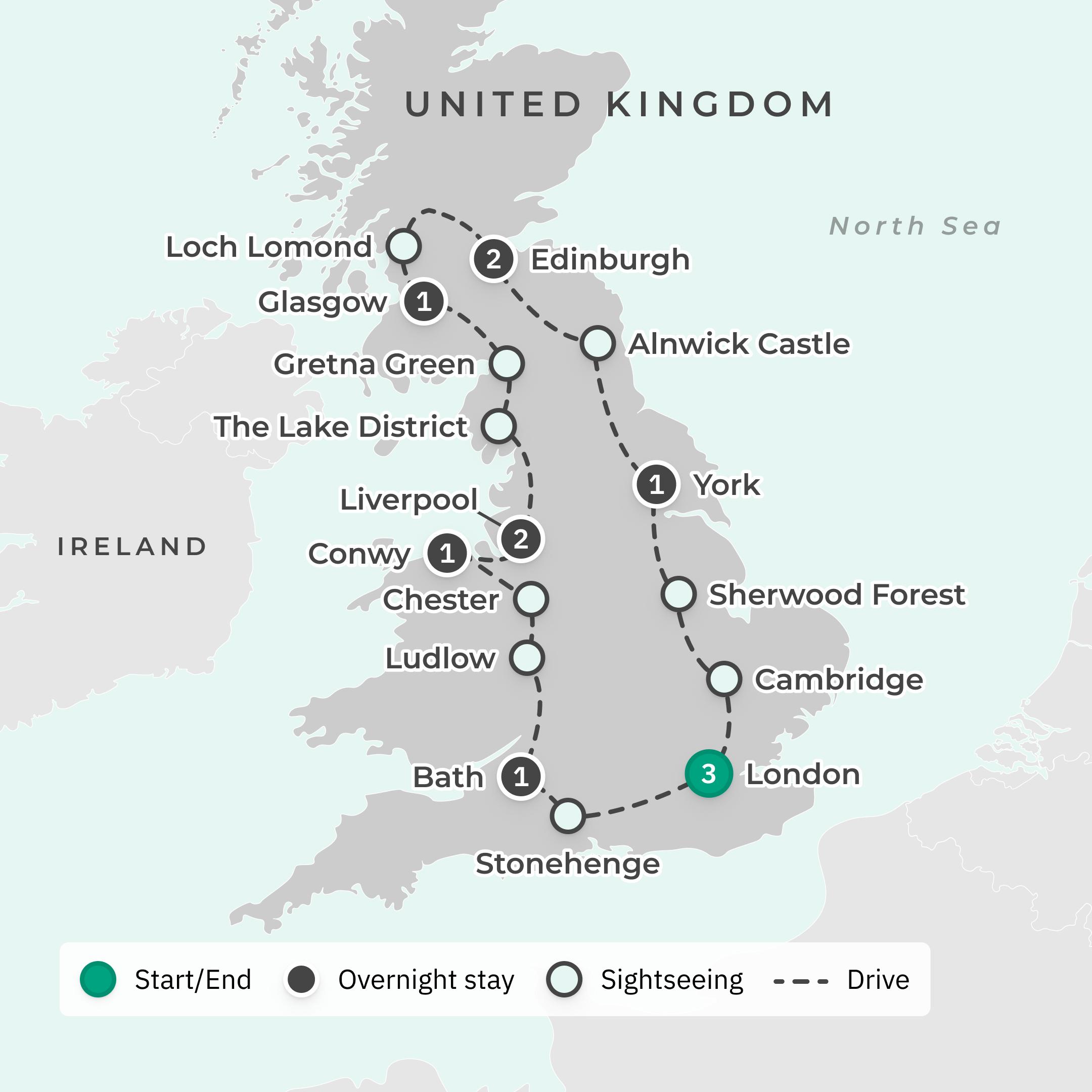 Best of Britain 2024 Tour with London Highlights, Stonehenge, Beatles History Tour & Scotch Distillery Tasting route map