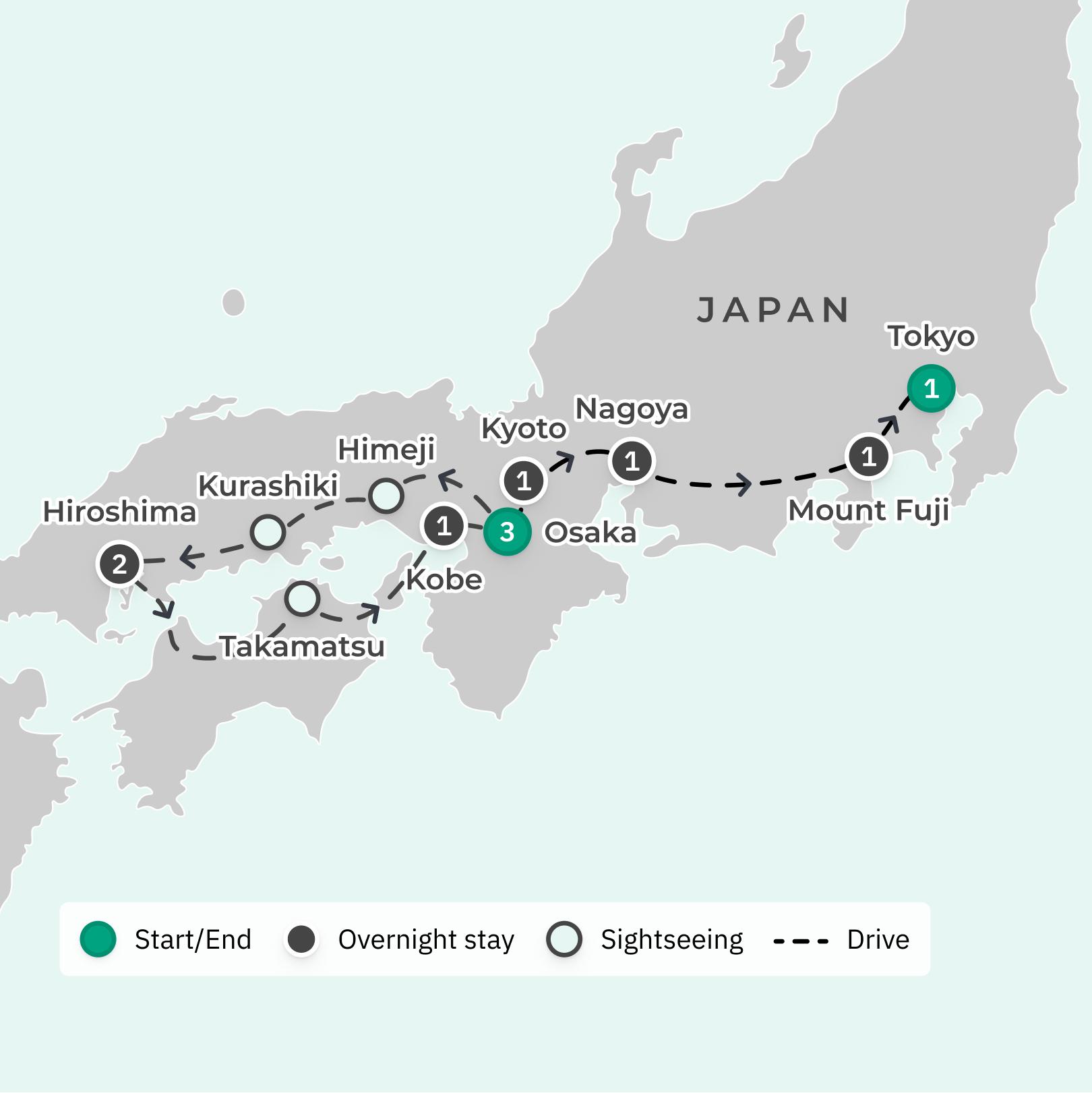 Japan: 11-Day Foodie Tour with Mt Fuji & Hiroshima Visit, Kirin Beer & Sake Tasting & Authentic Dining with Udon-Making Class route map