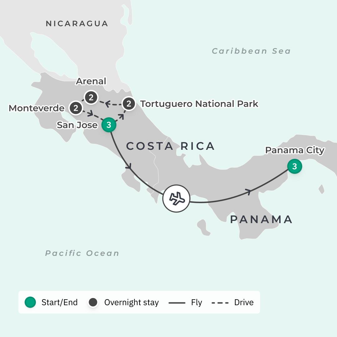 Costa Rica & Panama 2024 & 2025 Wildlife Wonders with Panama Canal Cruise, Tortuguero Turtle Conservancy & Cloud Forest Trekking route map