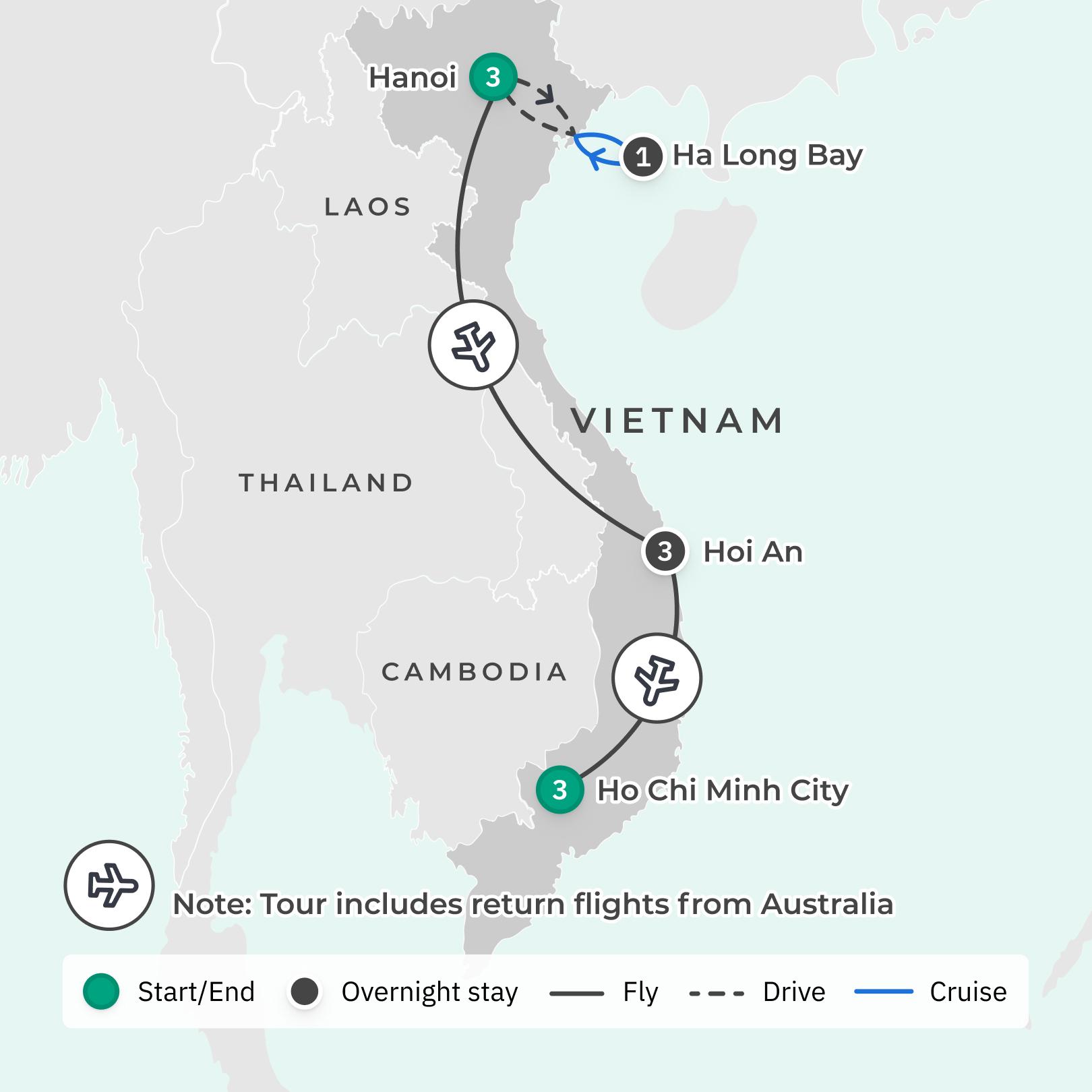 First-Ever Signature Series: Vietnam Exclusive Foodie Tour with Matt Preston & Gary Mehigan, 5-Star Stays + Singapore Airlines Flights route map