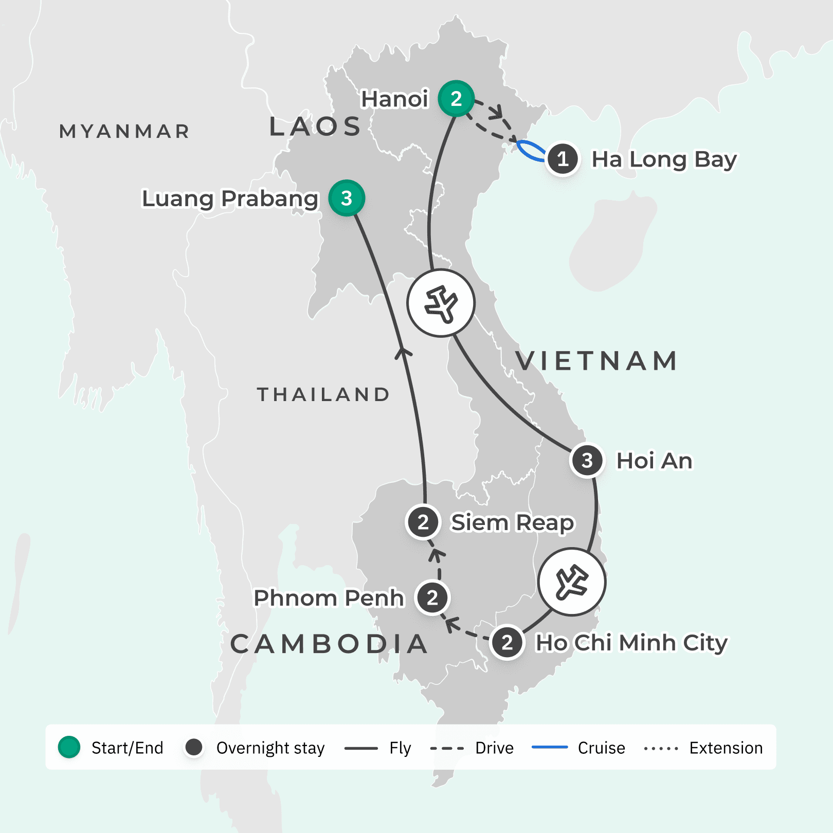  Indochina Discovery with Luang Prabang, Angkor Wat, Mekong Delta, Ha Long Bay Cruise & Internal Flights route map