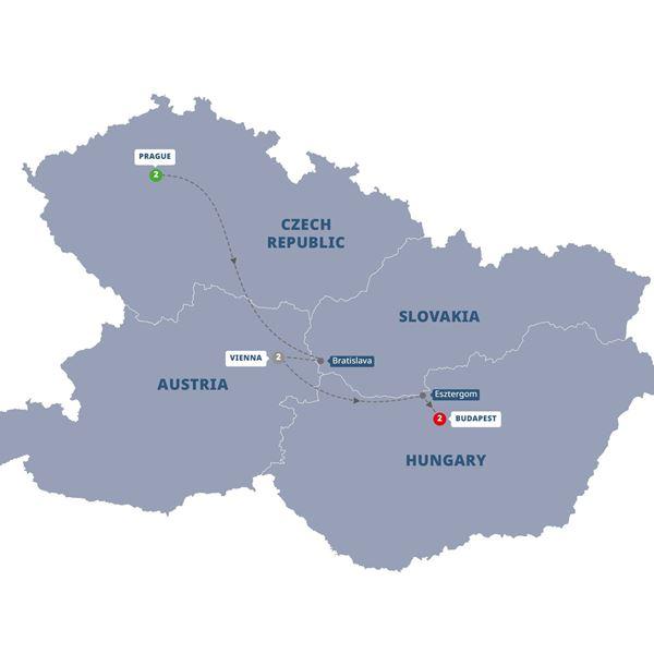 Prague, Vienna and Budapest route map