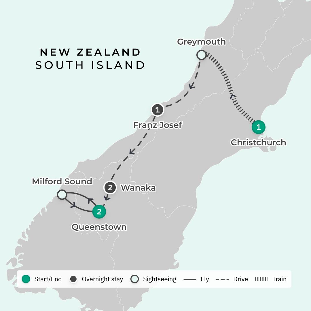 New Zealand's South Island: Self-Drive Tour with Luxury Stays, TranzAlpine Railway, Franz Josef Glacier & Milford Sound Scenic Flights route map