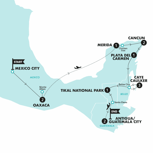 Mexico, Belize and Guatemala Experience route map