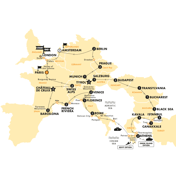 Ultimate European plus Greek Islands | Start London | 2025 route map