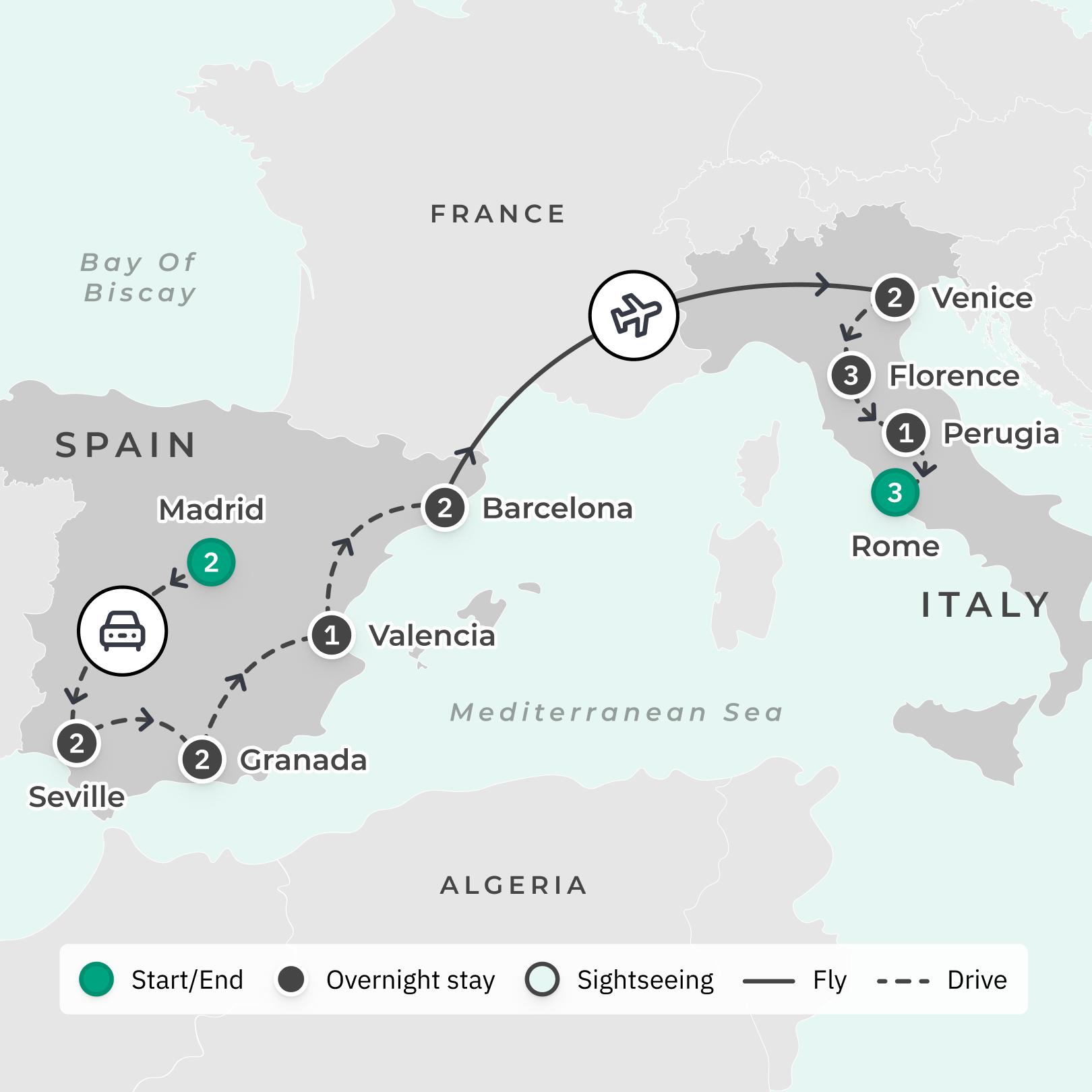 Spain & Italy 2024 Small-Group Tour with Spanish Olive Oil Tasting, Chianti Wine Tasting, Sistine Chapel & Flamenco Show route map