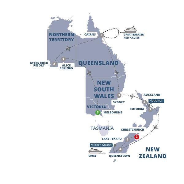 Highlights of Australia and New Zealand route map