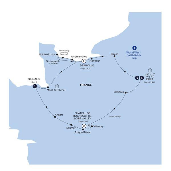 Normandy, Brittany & The Loire Valley - Classic Group route map