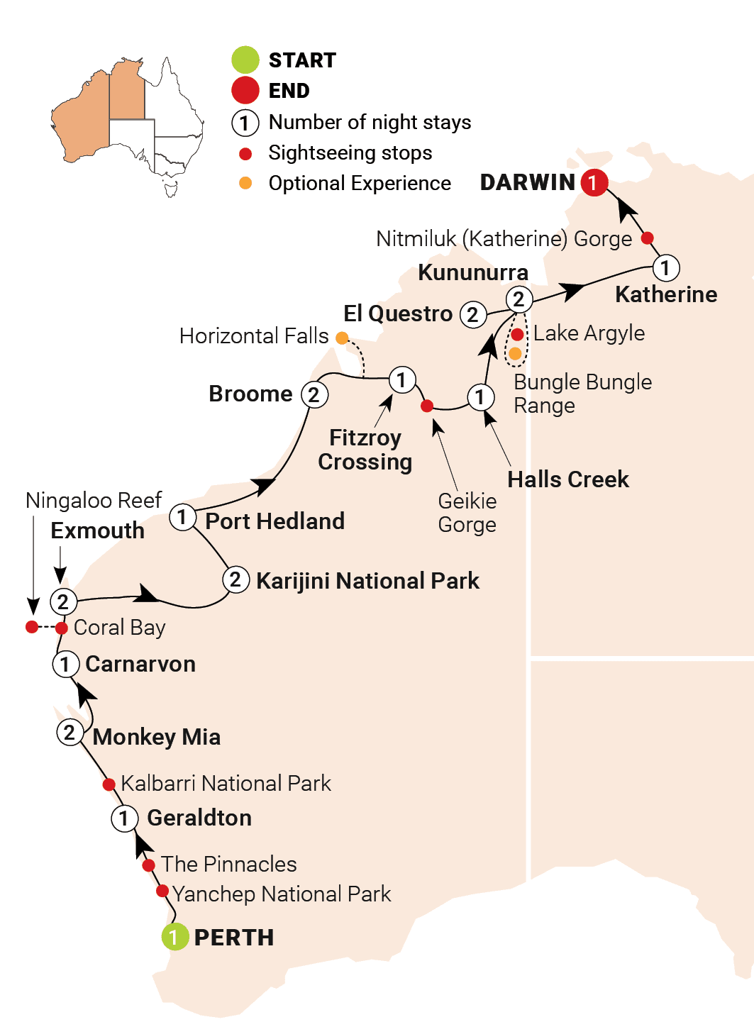 Wonders of the West Coast & Kimberley route map