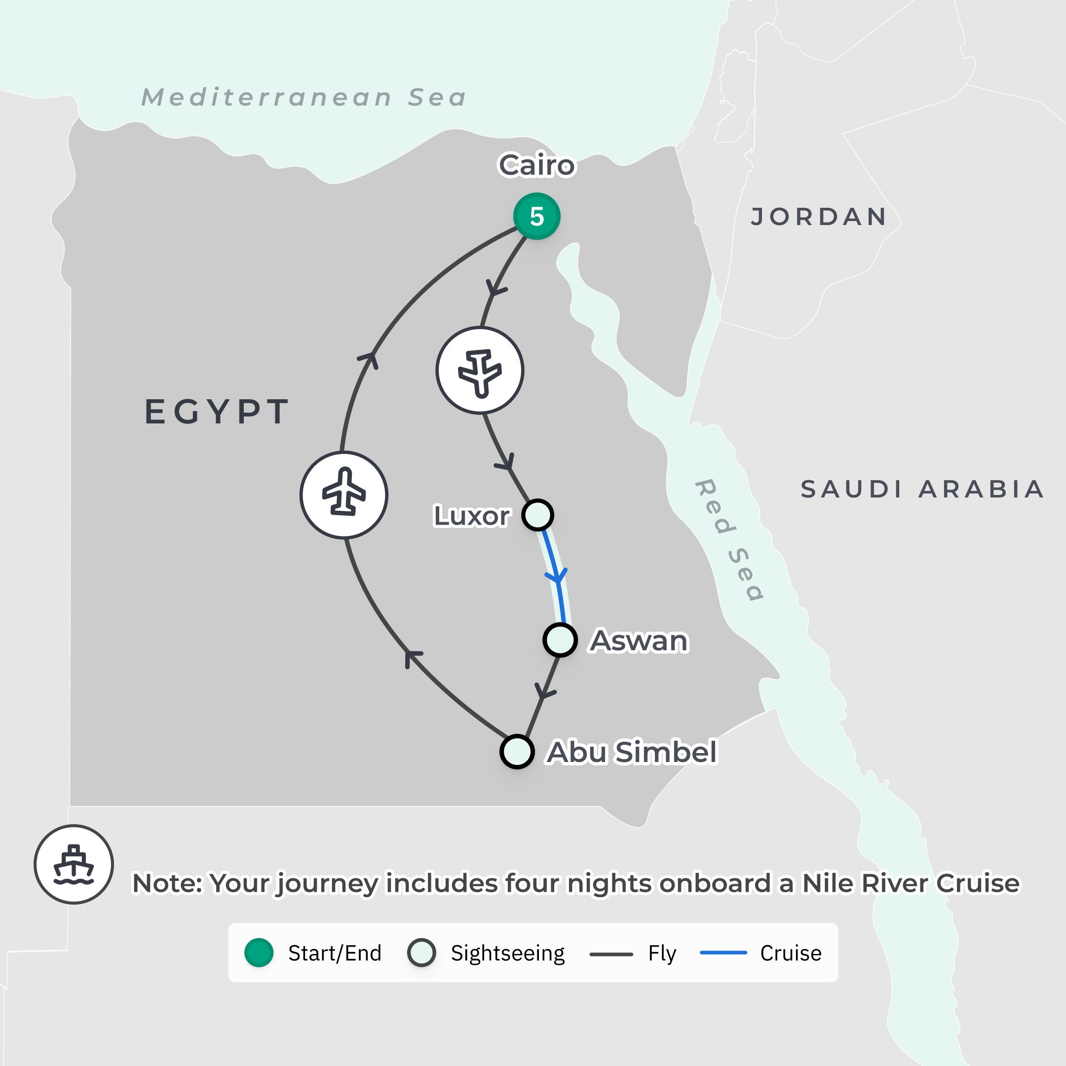 Egypt Luxury with Four Seasons Stay, Nile River Cruise & Abu Simbel route map