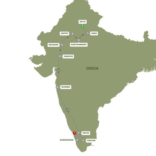 Uncover India: Delhi to Kerala route map