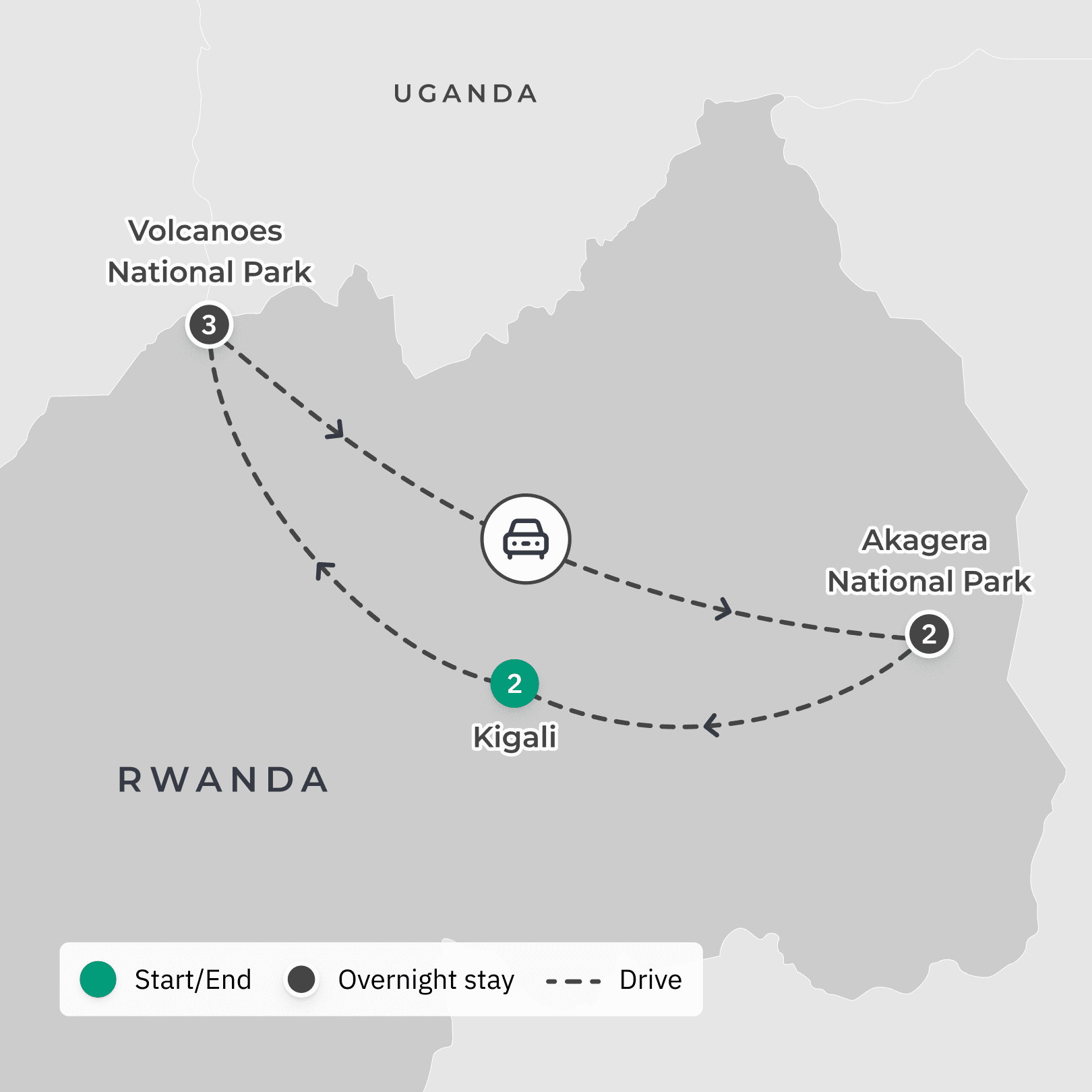 Limited Availability: Rwanda Tour with Mountain Gorilla & Golden Monkey Trekking Permits, Handpicked Stays & Akagera Safari route map
