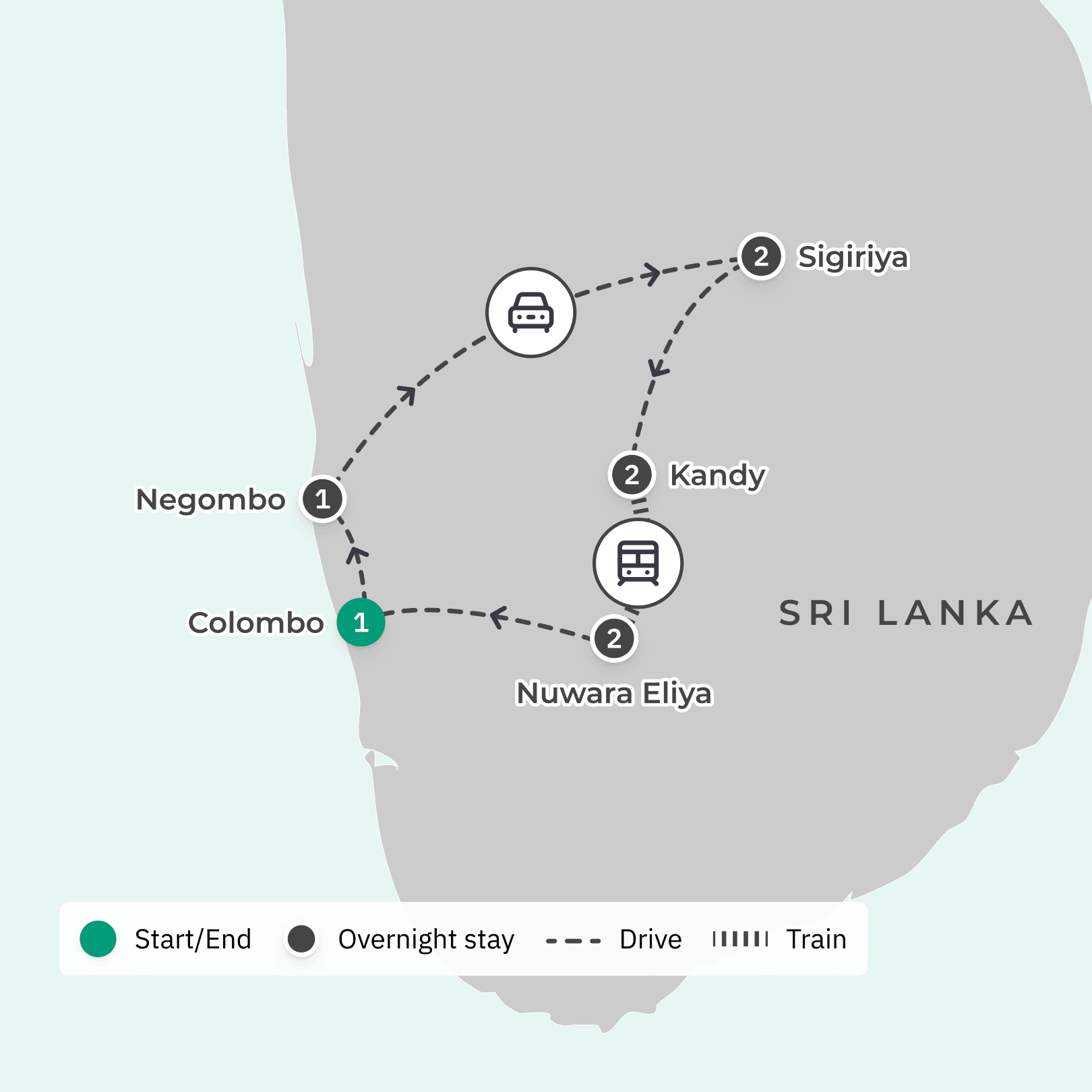 Sri Lanka Highlights with Sigiriya Rock & Jeep Safari Experience route map