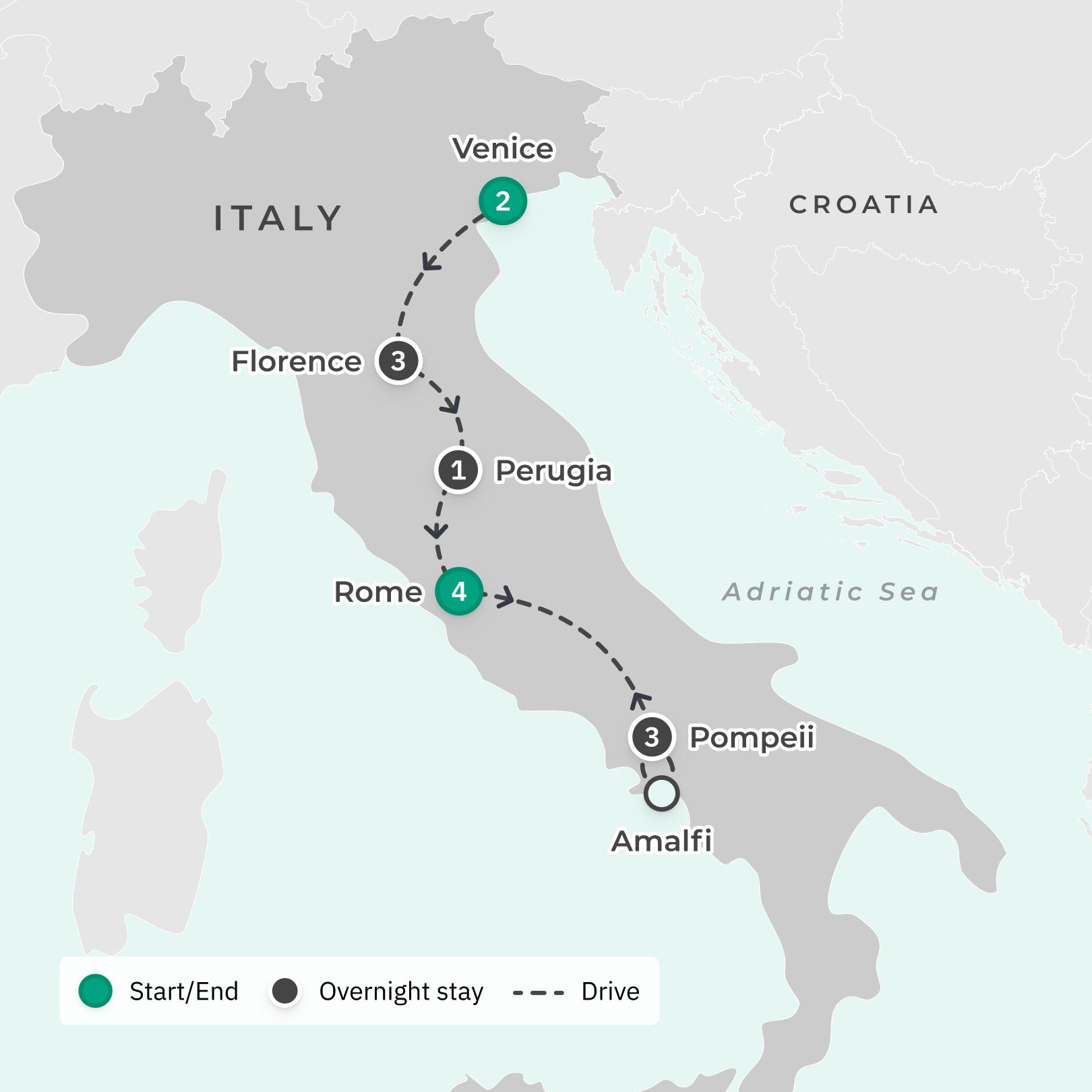 Italy Small-Group Tour with Amalfi Coast Day Cruise, Pompeii, Tuscany Discovery, Chianti Tasting & Venice Stay route map