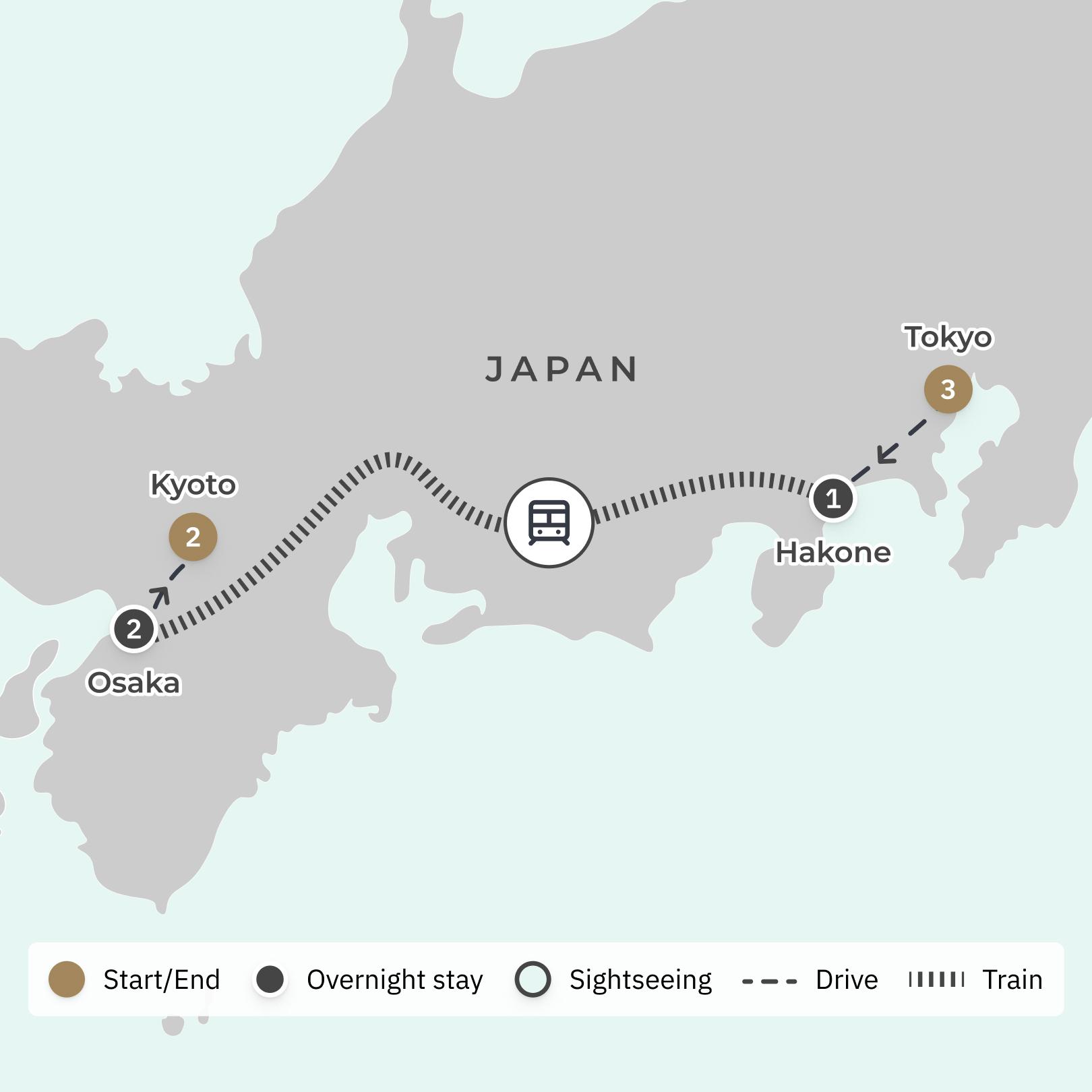 Beauty of Japan Ultra-Lux Small-Group Tour with Traditional Ryokan Stay, Bullet-Train Journey, Osaka Food Tour & Kyoto Visit route map