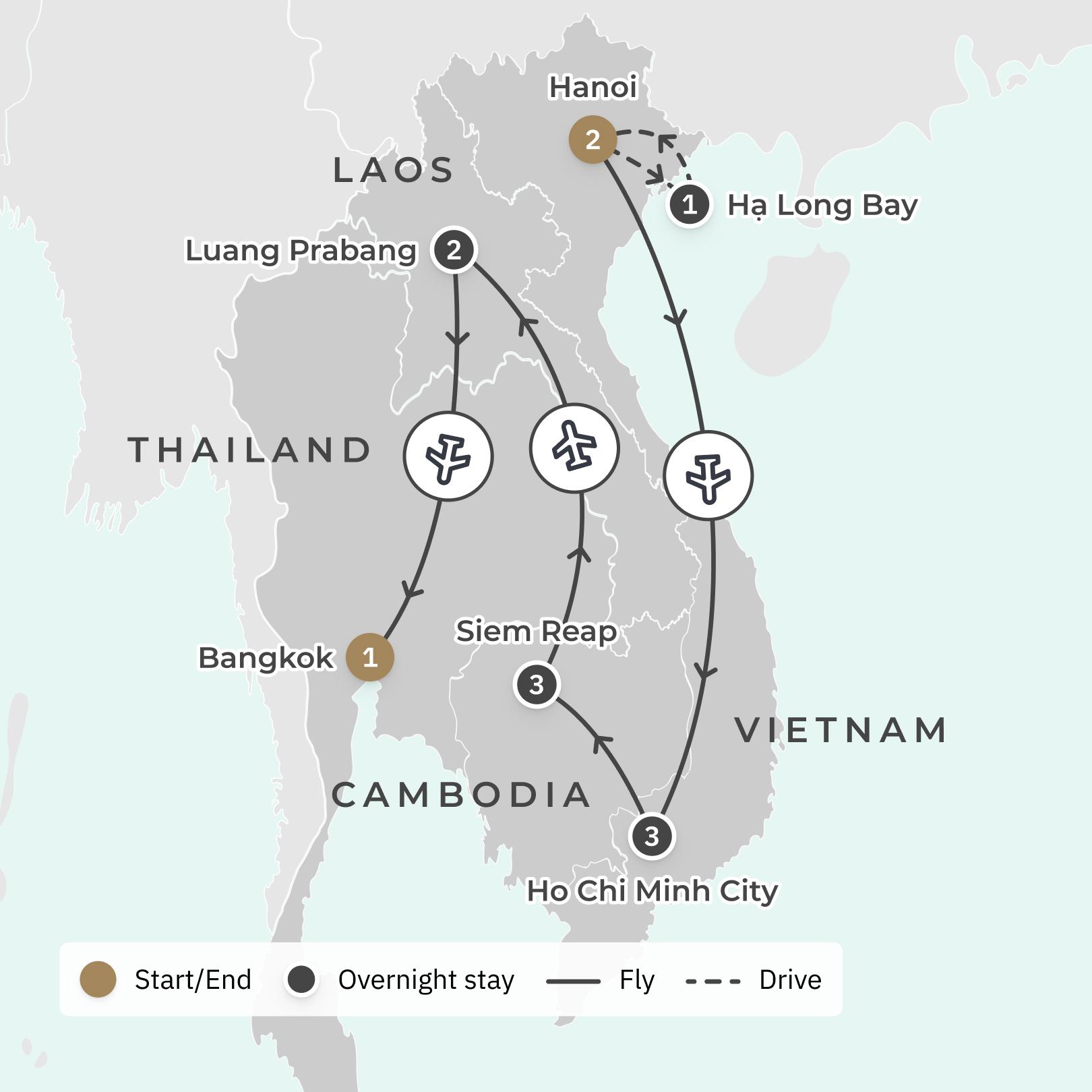 Southeast Asia Ultra-Lux Tour with Overnight Ha Long Bay Cruise, Angkor Wat & Siem Reap Temple Visits route map