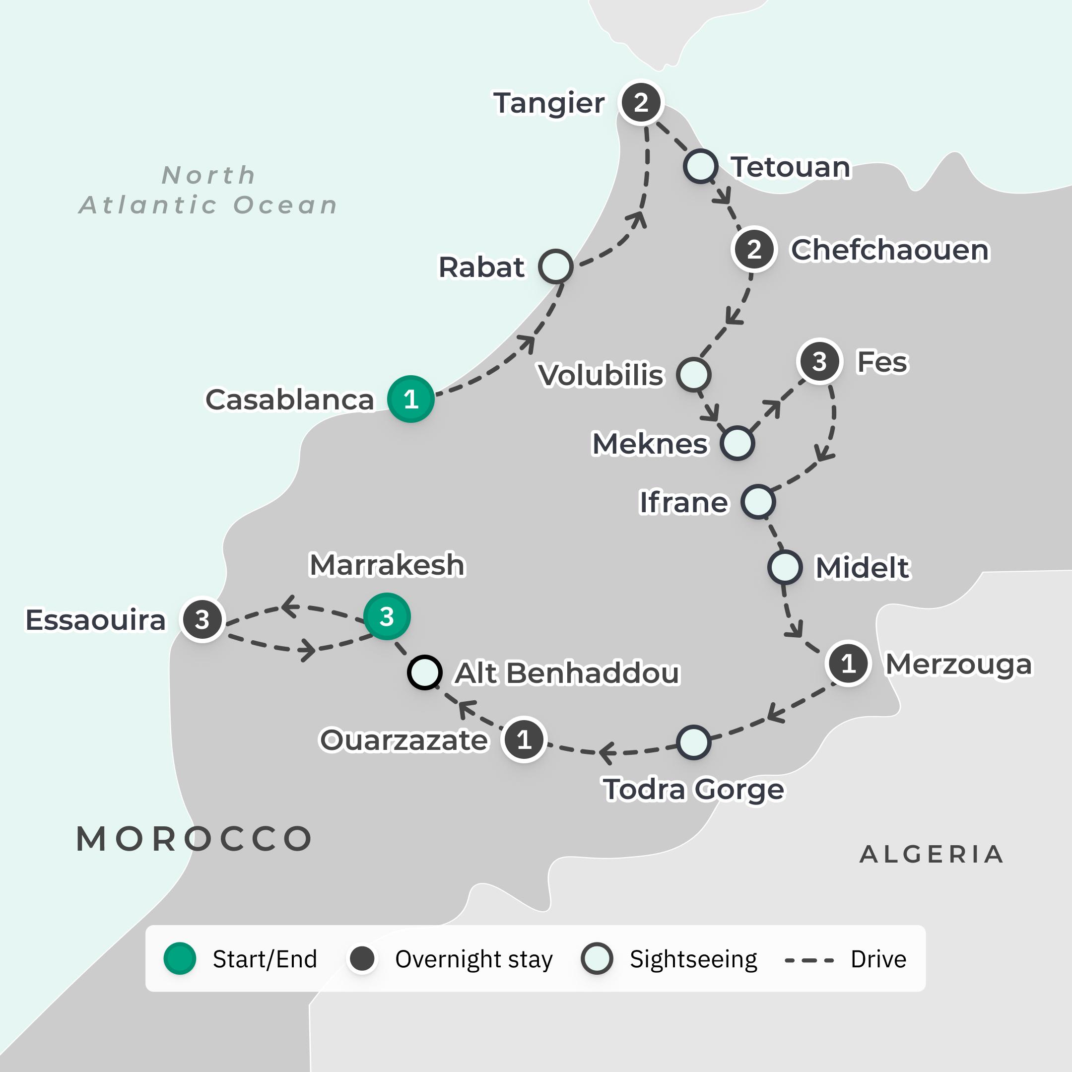 Deluxe 17-Day Best of Morocco with Tangier, Chefchaouen & Fes route map