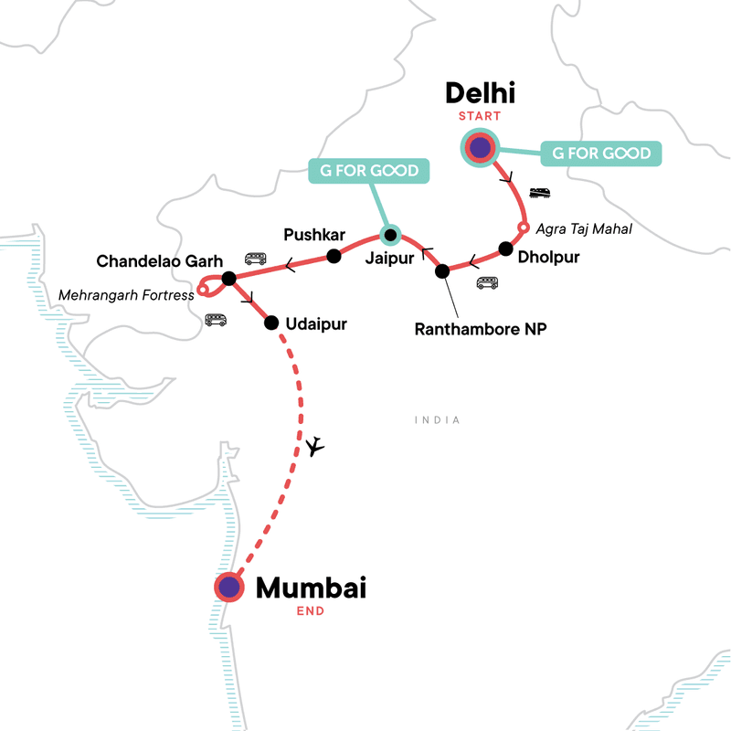 Northern India: Riverside Safaris, Ancient Fortresses & the Taj Mahal route map