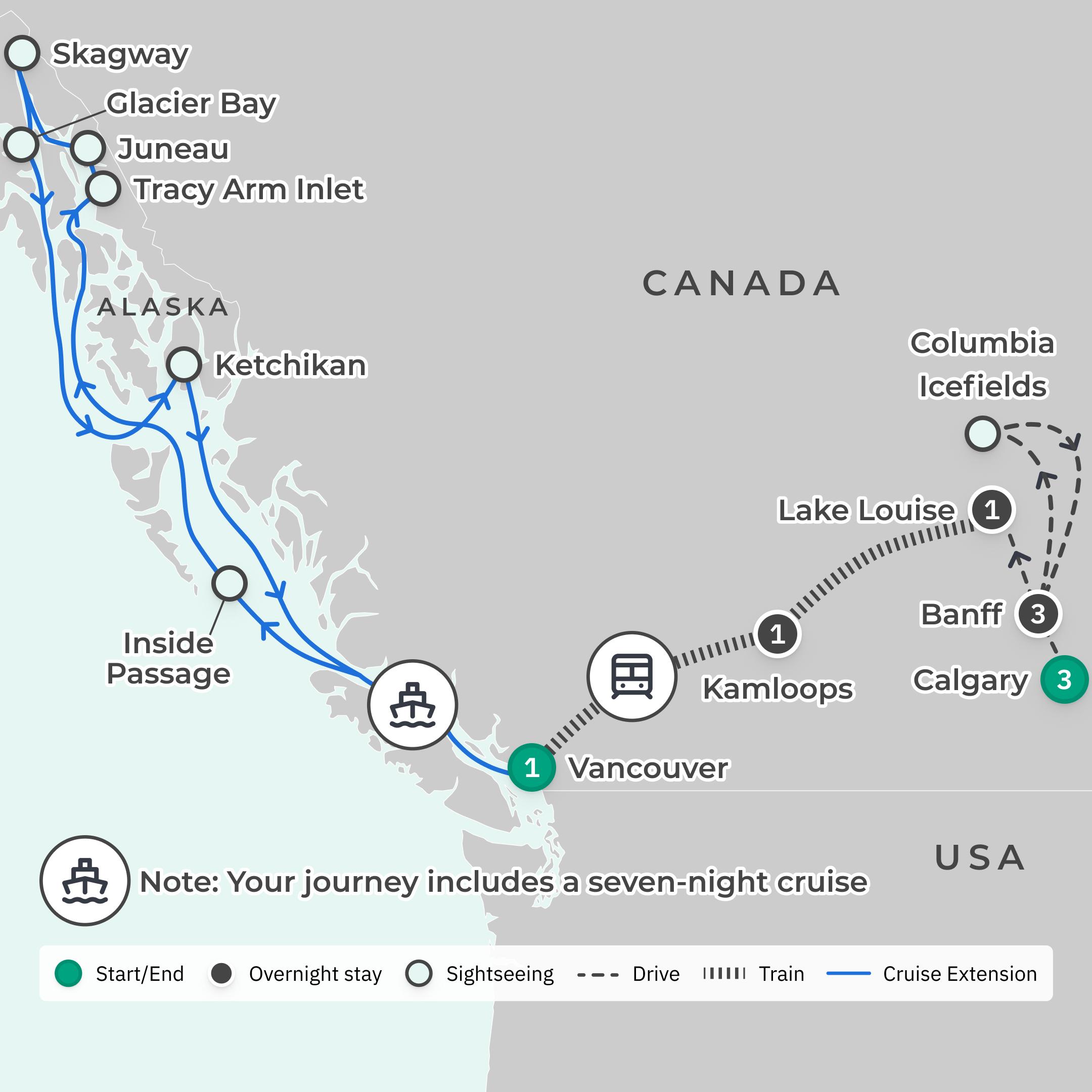 Classic 17-Day Wild Western Canada Rail & Sail with Rocky Mountaineer & Inside Passage Cruise route map