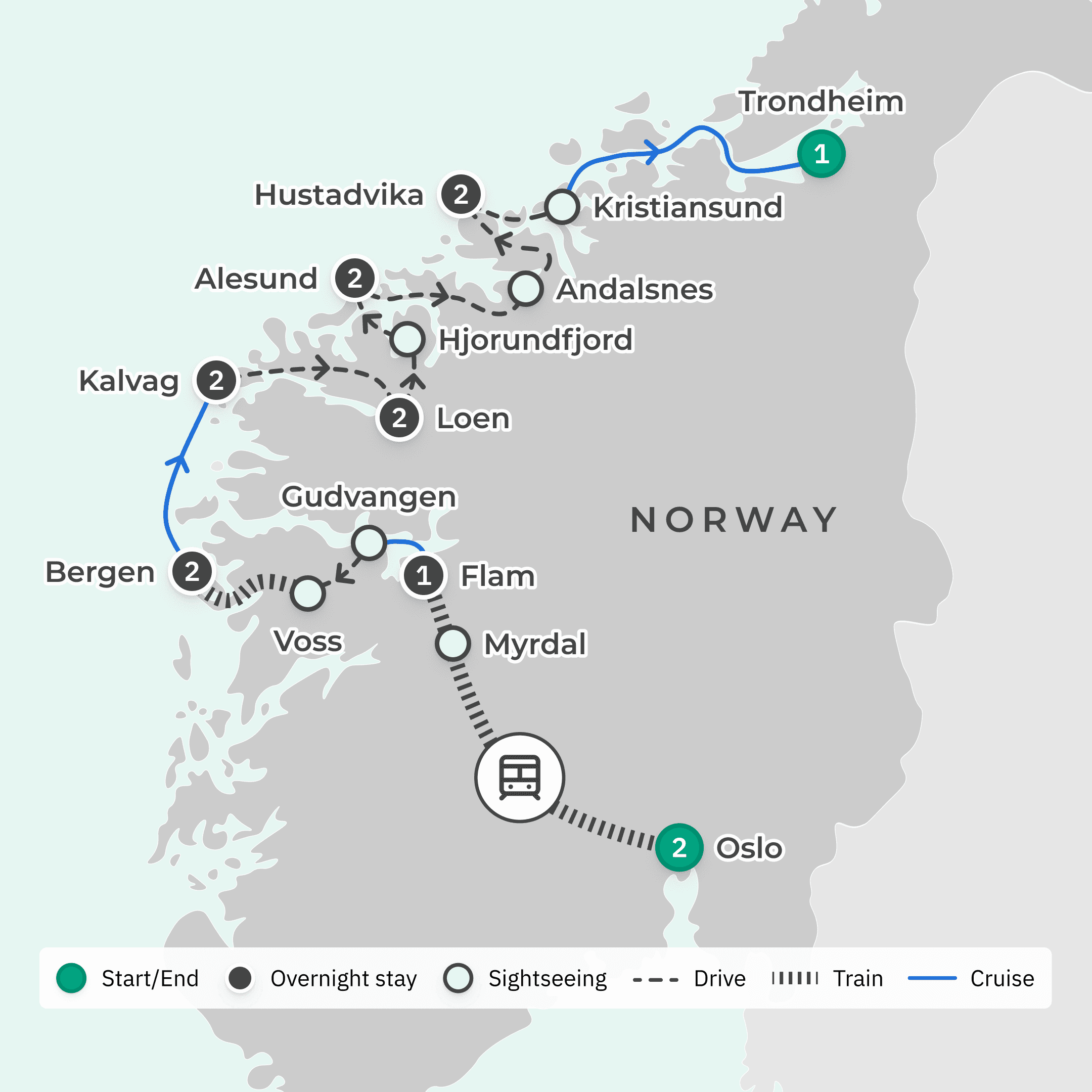 Norway Summer Fjords Discovery with Flam Railway Journey & Scenic Atlantic Road route map