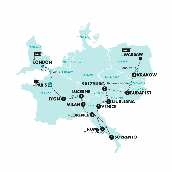 Warsaw to London Vistas | Winter | 2024/2025 route map