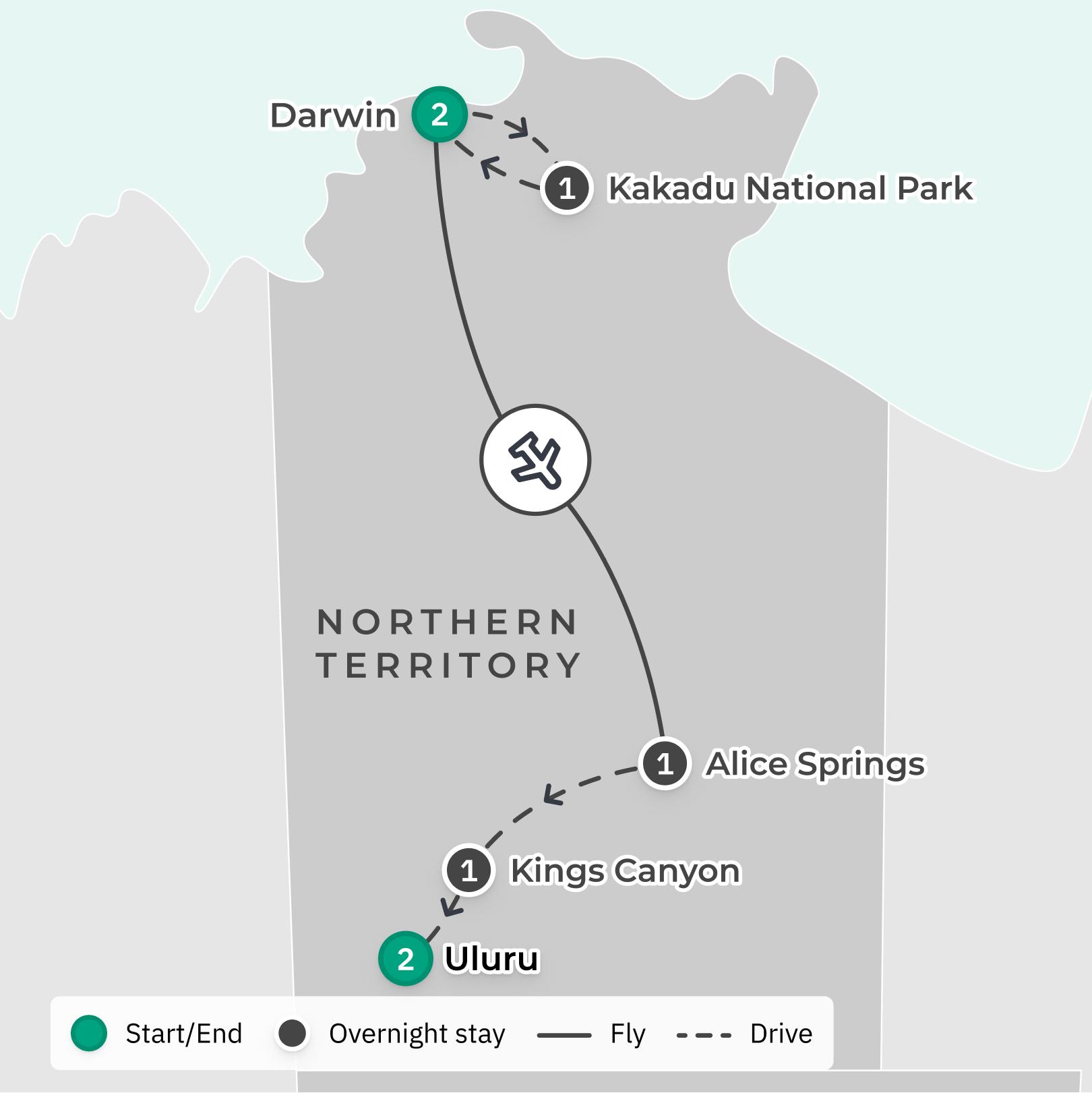 Top End & Red Centre: 8-Day Deluxe Small-Group Darwin to Uluru Tour with Field of Light & Yellow Water Billabong Cruise route map